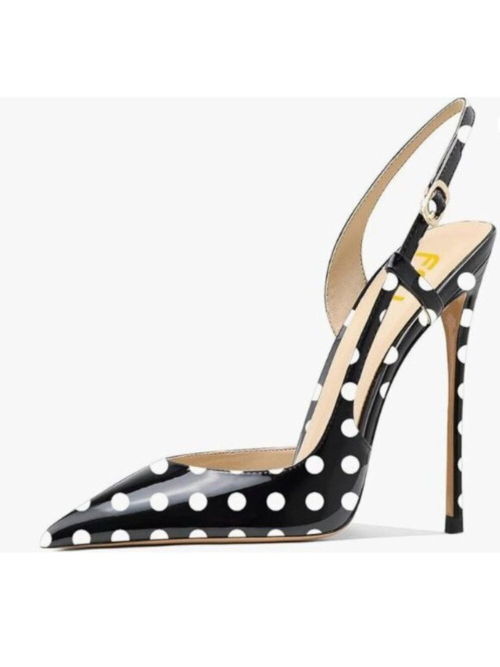 FSJ Black And White Dots Pointed Toe D'Orsay High Heel Slingback Cutout Pump